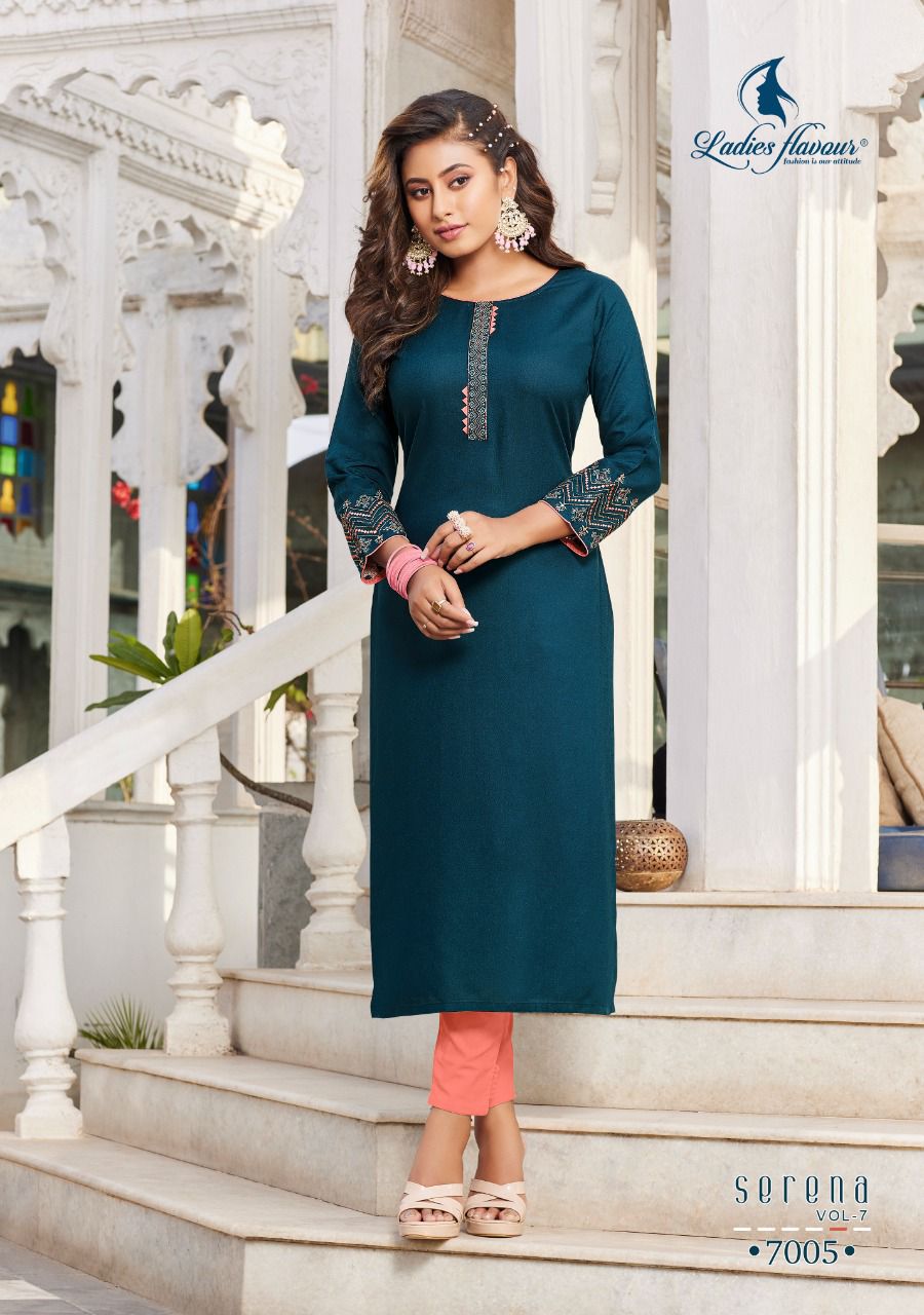 Ladies Flavour Serena 7 Rayon New Fancy Ethnic Wear Designer Kurtis Collection